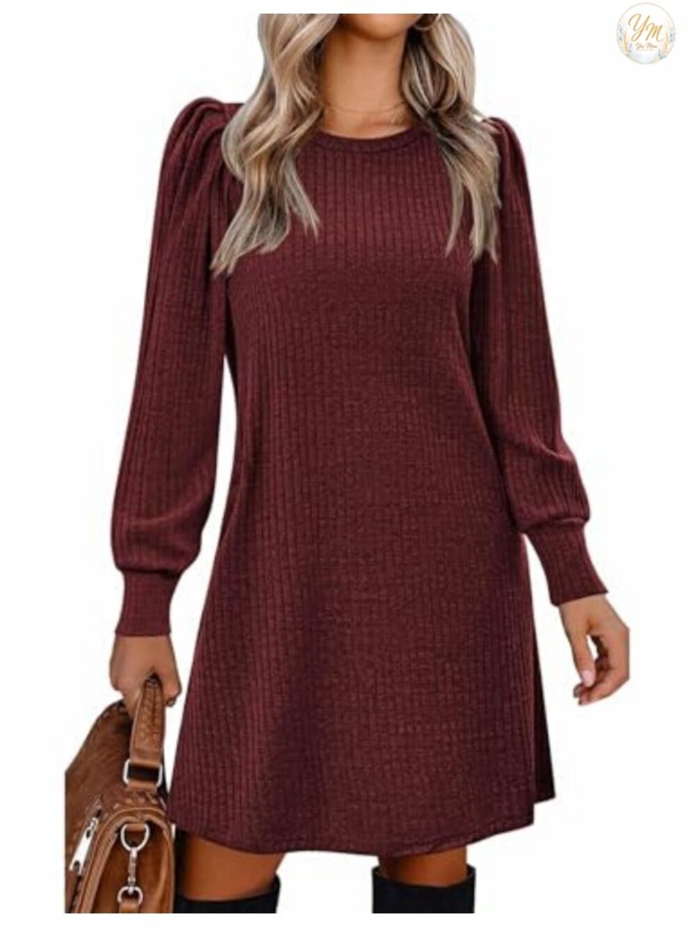 Women's Knit Puff Long Sleeve Tunic Dress Fall Winter Casual A-Line Knee Length